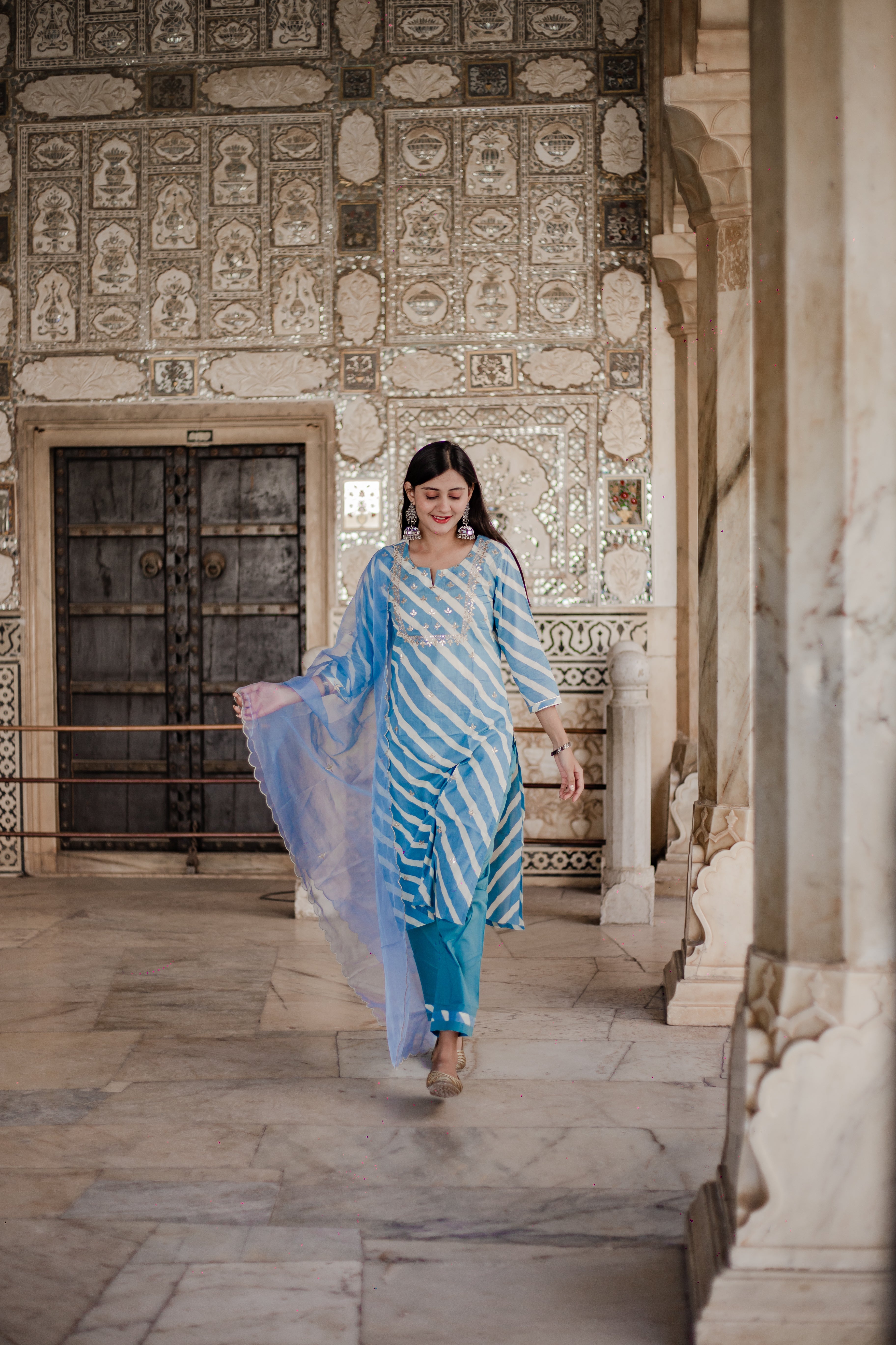 Noe Velarro Sky Blue Leheriya Cotton Kurta Pant set With Organza Dupatta