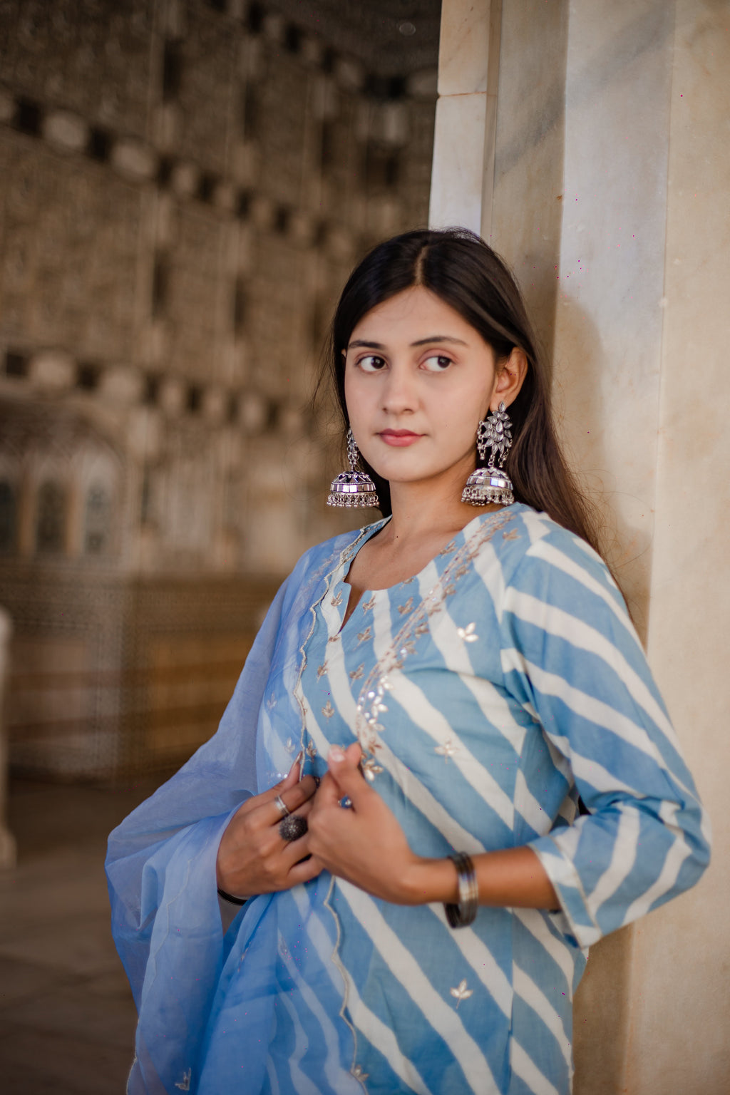 Noe Velarro Sky Blue Leheriya Cotton Kurta Pant set With Organza Dupatta