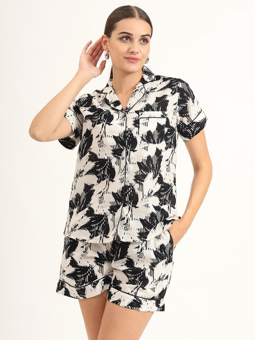 Noe Velarro Black & White Asymetric Print Pure Cotton Regular Night Suit