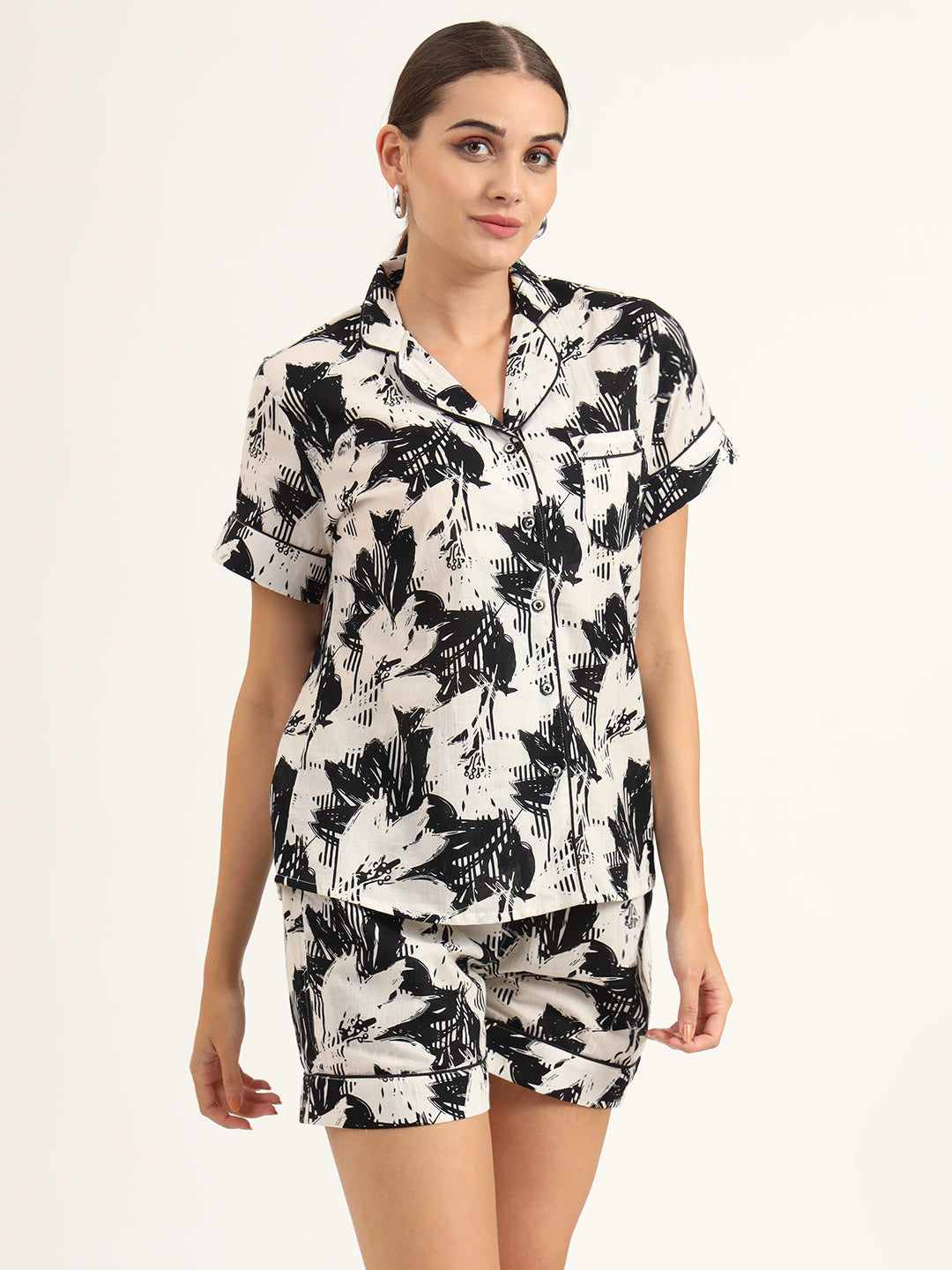 Noe Velarro Black & White Asymetric Print Pure Cotton Regular Night Suit