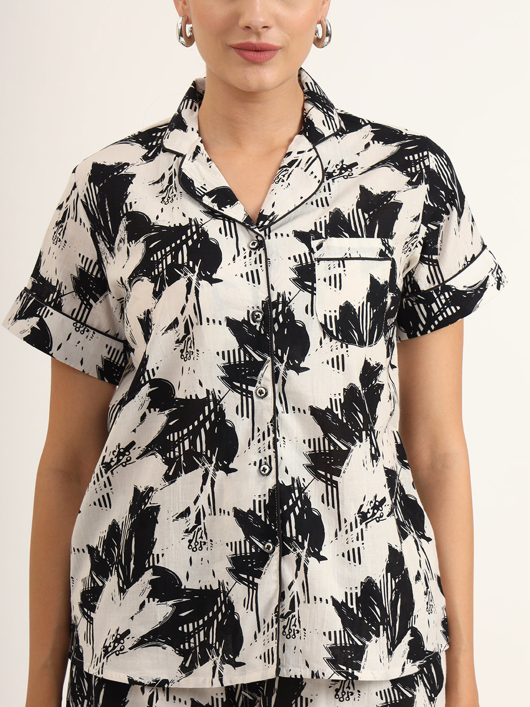 Noe Velarro Black & White Asymetric Print Pure Cotton Regular Night Suit