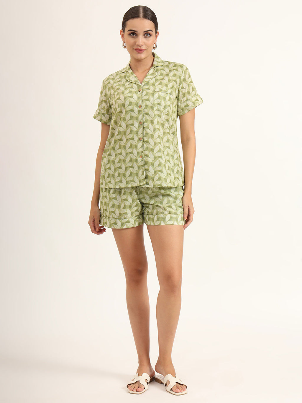 Noe Velarro Green Printed Pure Cotton Night Suit