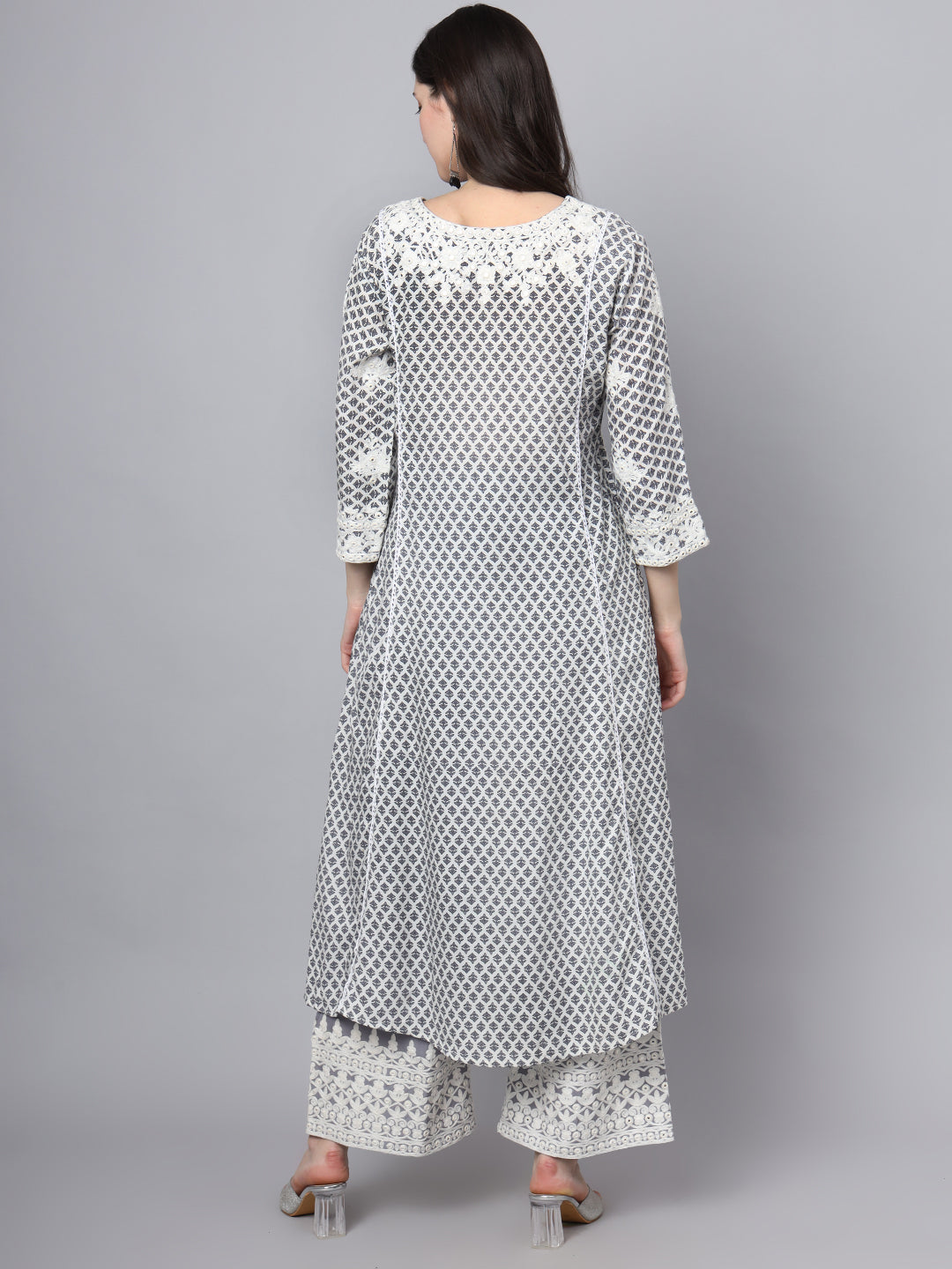 Noe Velarro White Blue Motif Print Rayon Kurta Palazzo Sets for Women