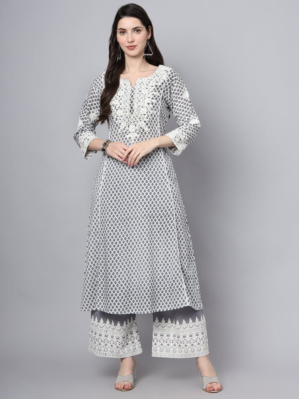 Noe Velarro White Blue Motif Print Rayon Kurta Palazzo Sets for Women