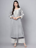 Noe Velarro White Blue Motif Print Rayon Kurta Palazzo Sets for Women