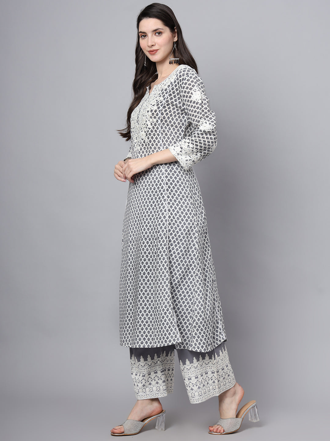 Noe Velarro White Blue Motif Print Rayon Kurta Palazzo Sets for Women