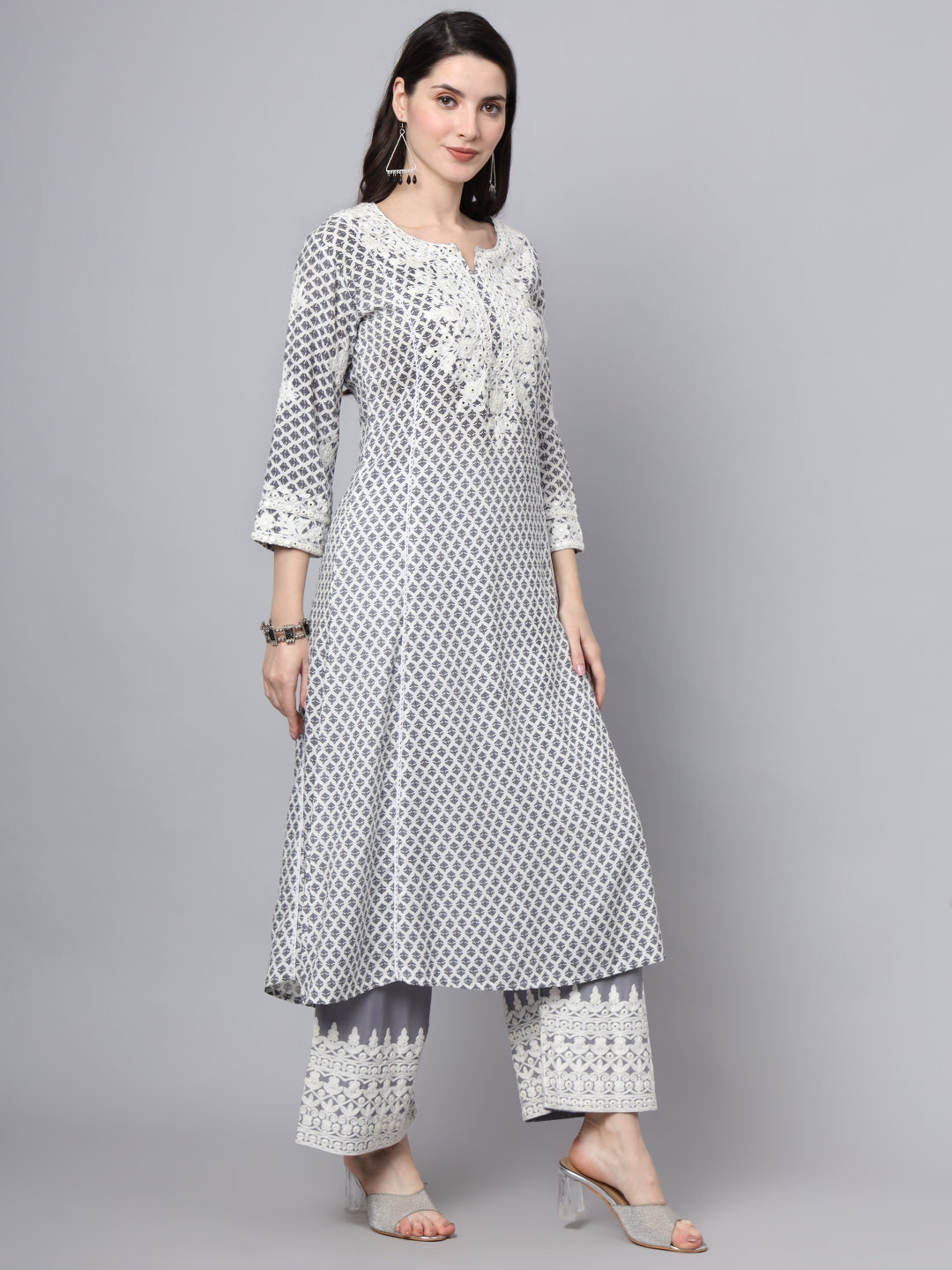 Noe Velarro White Blue Motif Print Rayon Kurta Palazzo Sets for Women