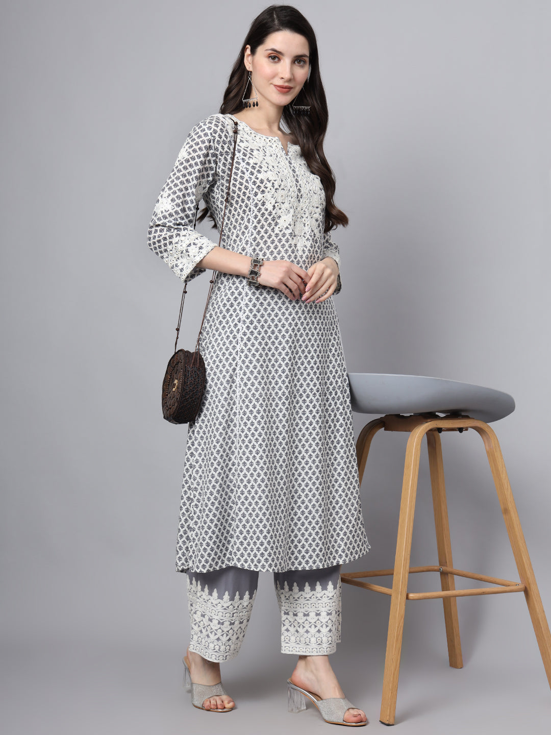 Noe Velarro White Blue Motif Print Rayon Kurta Palazzo Sets for Women