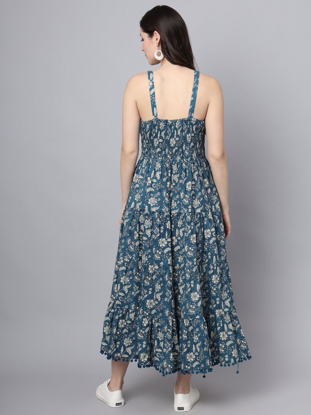 Noe Velarro Floral Printed Shoulder Straps Cotton Flared Dress