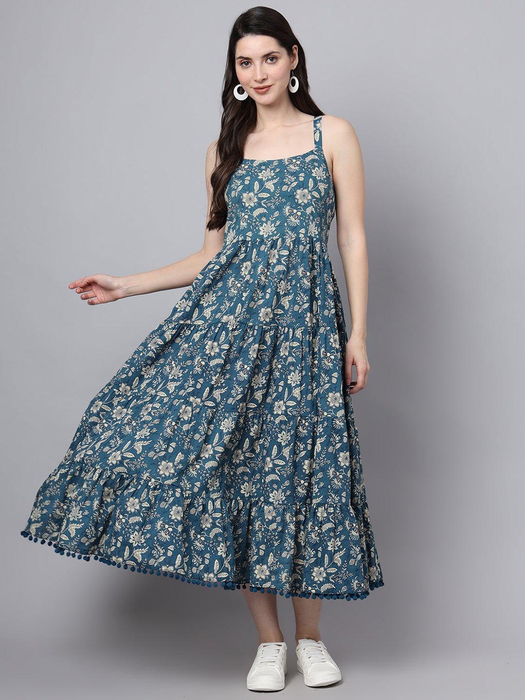 Noe Velarro Floral Printed Shoulder Straps Cotton Flared Dress