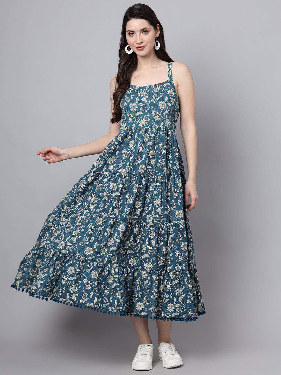 Noe Velarro Floral Printed Shoulder Straps Cotton Flared Dress