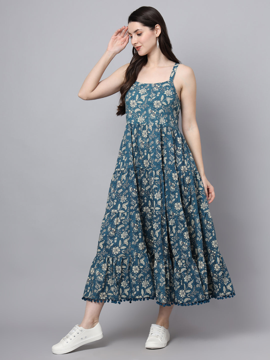 Noe Velarro Floral Printed Shoulder Straps Cotton Flared Dress