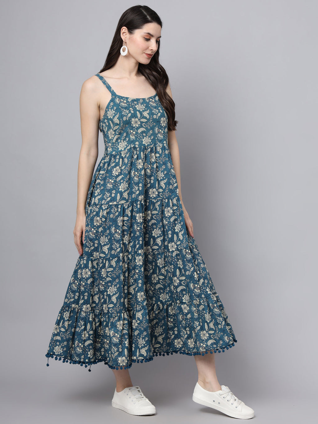 Noe Velarro Floral Printed Shoulder Straps Cotton Flared Dress