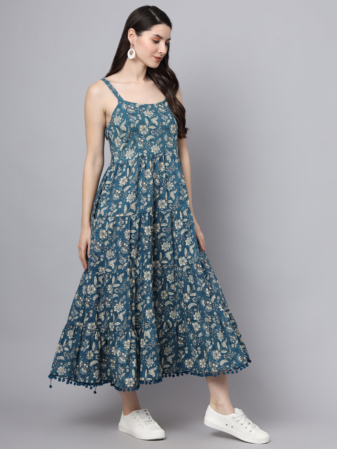 Noe Velarro Floral Printed Shoulder Straps Cotton Flared Dress