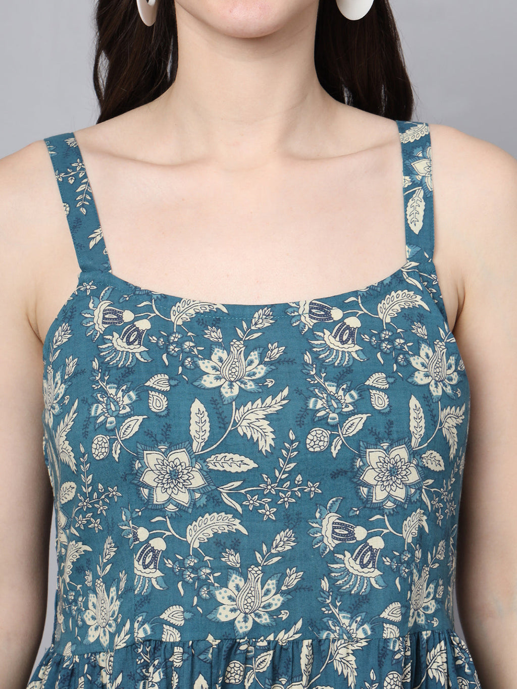 Noe Velarro Floral Printed Shoulder Straps Cotton Flared Dress