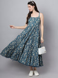 Noe Velarro Floral Printed Shoulder Straps Cotton Flared Dress