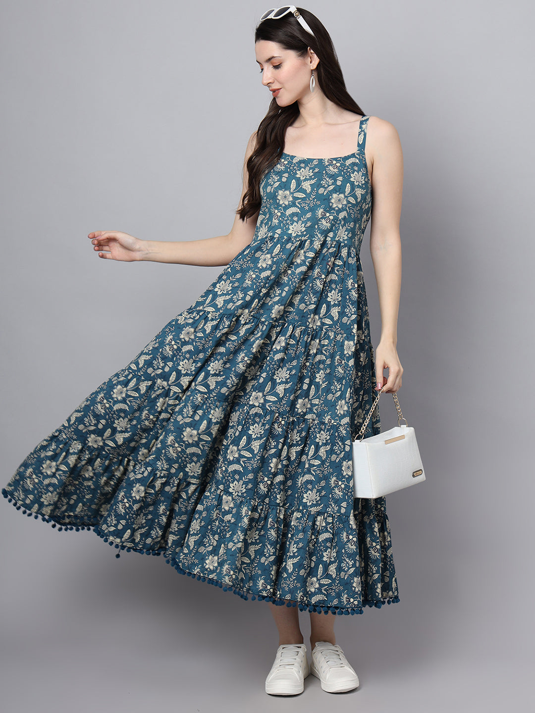Noe Velarro Floral Printed Shoulder Straps Cotton Flared Dress