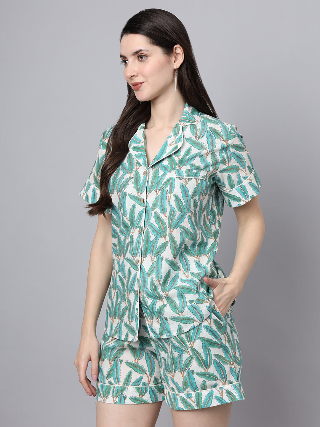 Noe Velarro Handblock Print Green Cotton Night Suit