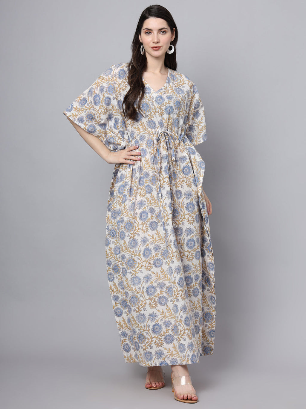 Noe Velarro White And Blue Floral Print Kaftan