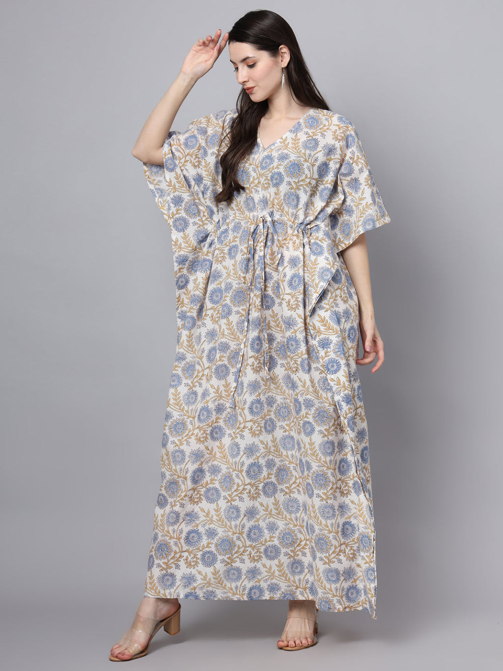 Noe Velarro White And Blue Floral Print Kaftan