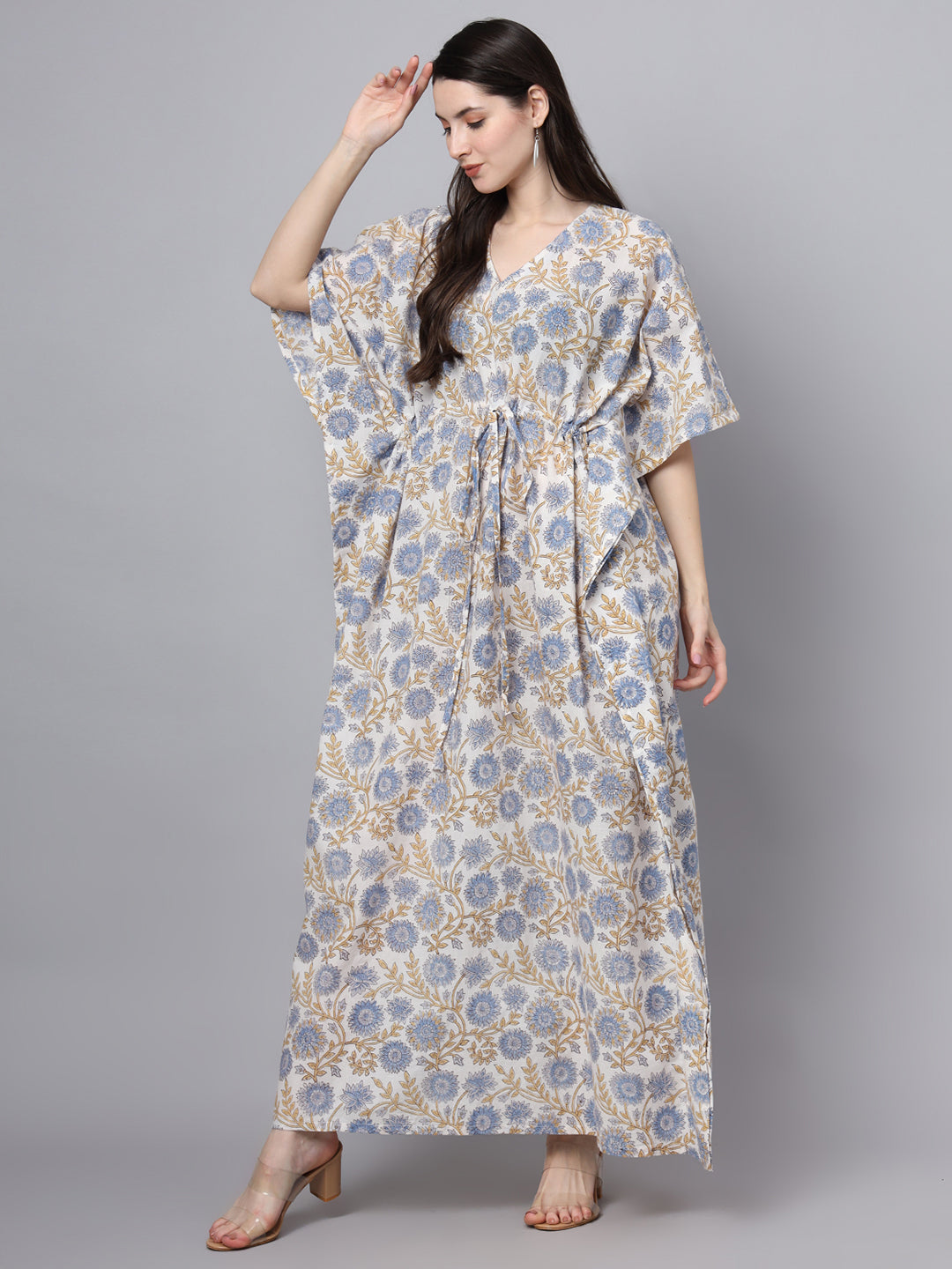 Noe Velarro White And Blue Floral Print Kaftan