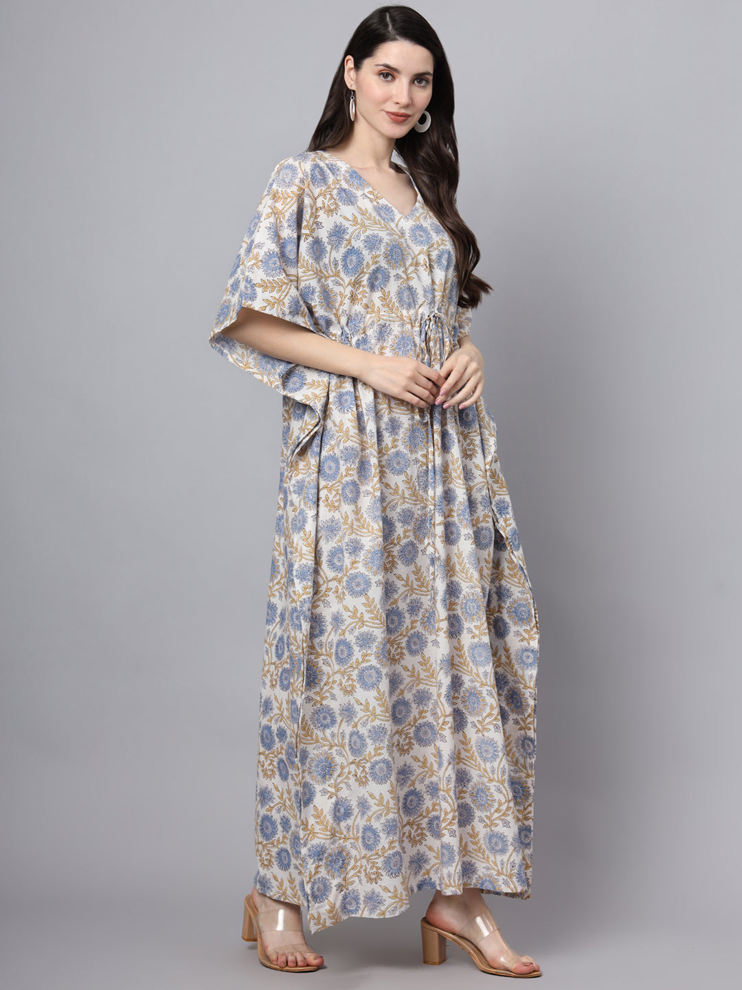 Noe Velarro White And Blue Floral Print Kaftan