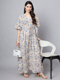 Noe Velarro White And Blue Floral Print Kaftan