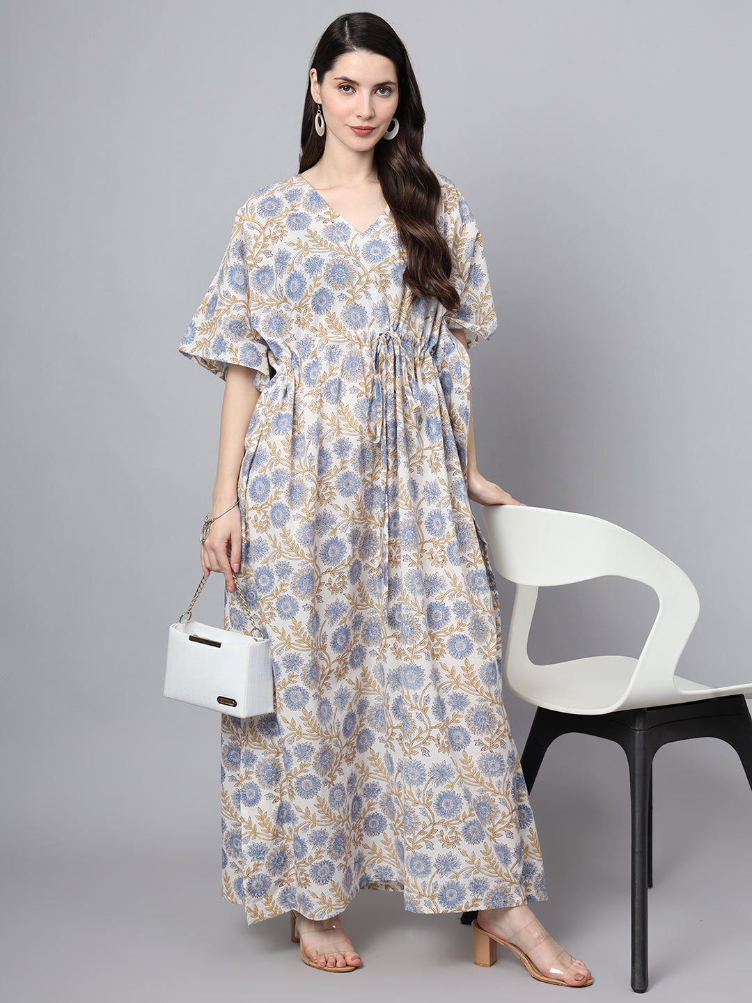 Noe Velarro White And Blue Floral Print Kaftan