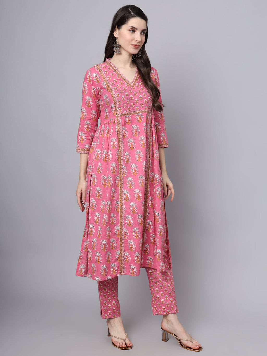 Noe Velarro Pink Cotton Printed Sequin Work Kurta Set