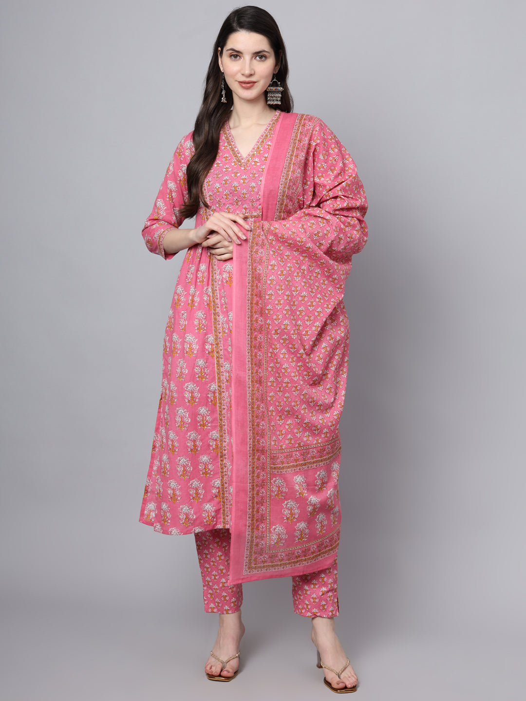 Noe Velarro Pink Cotton Printed Sequin Work Kurta Set