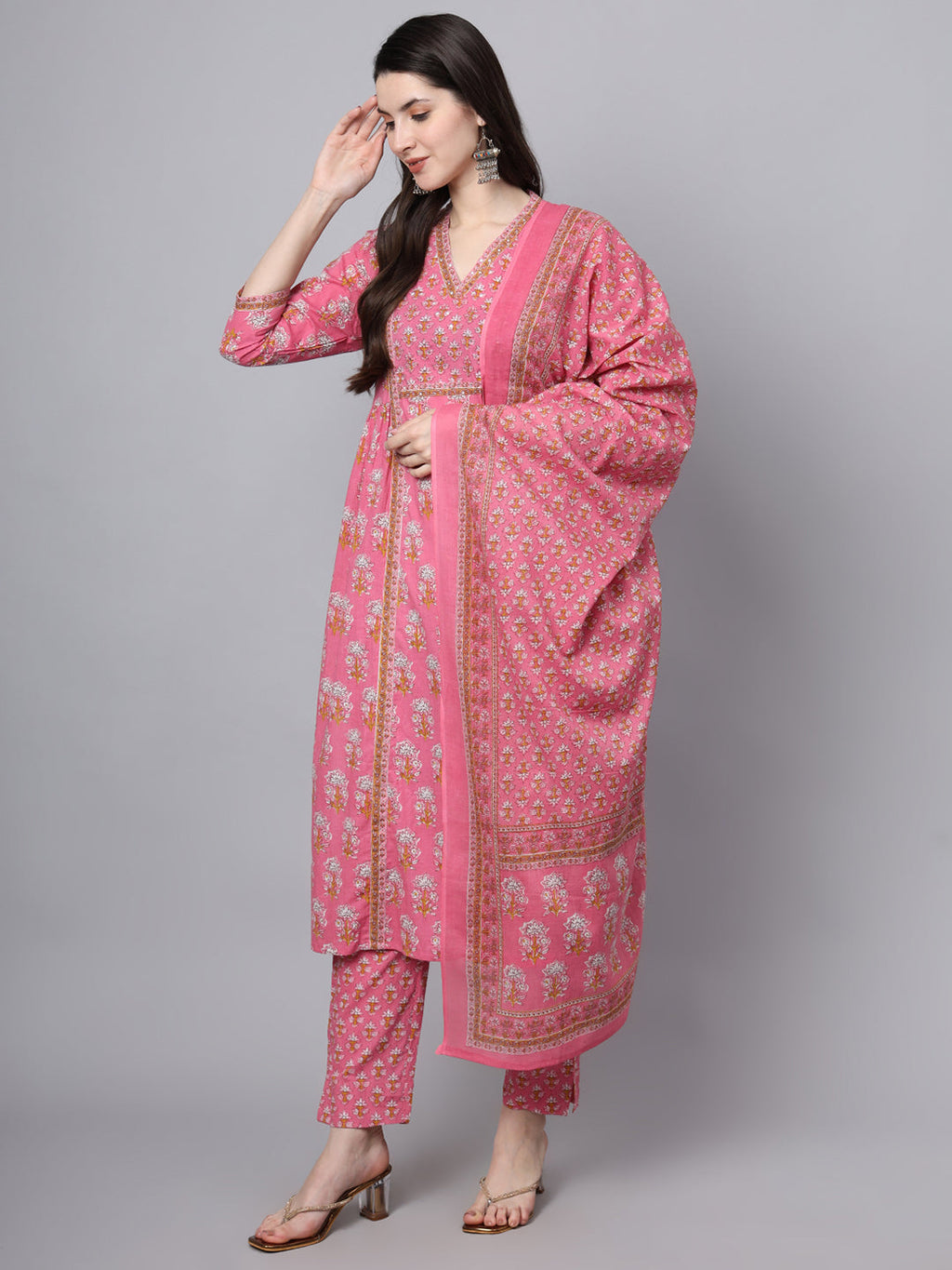 Noe Velarro Pink Cotton Printed Sequin Work Kurta Set