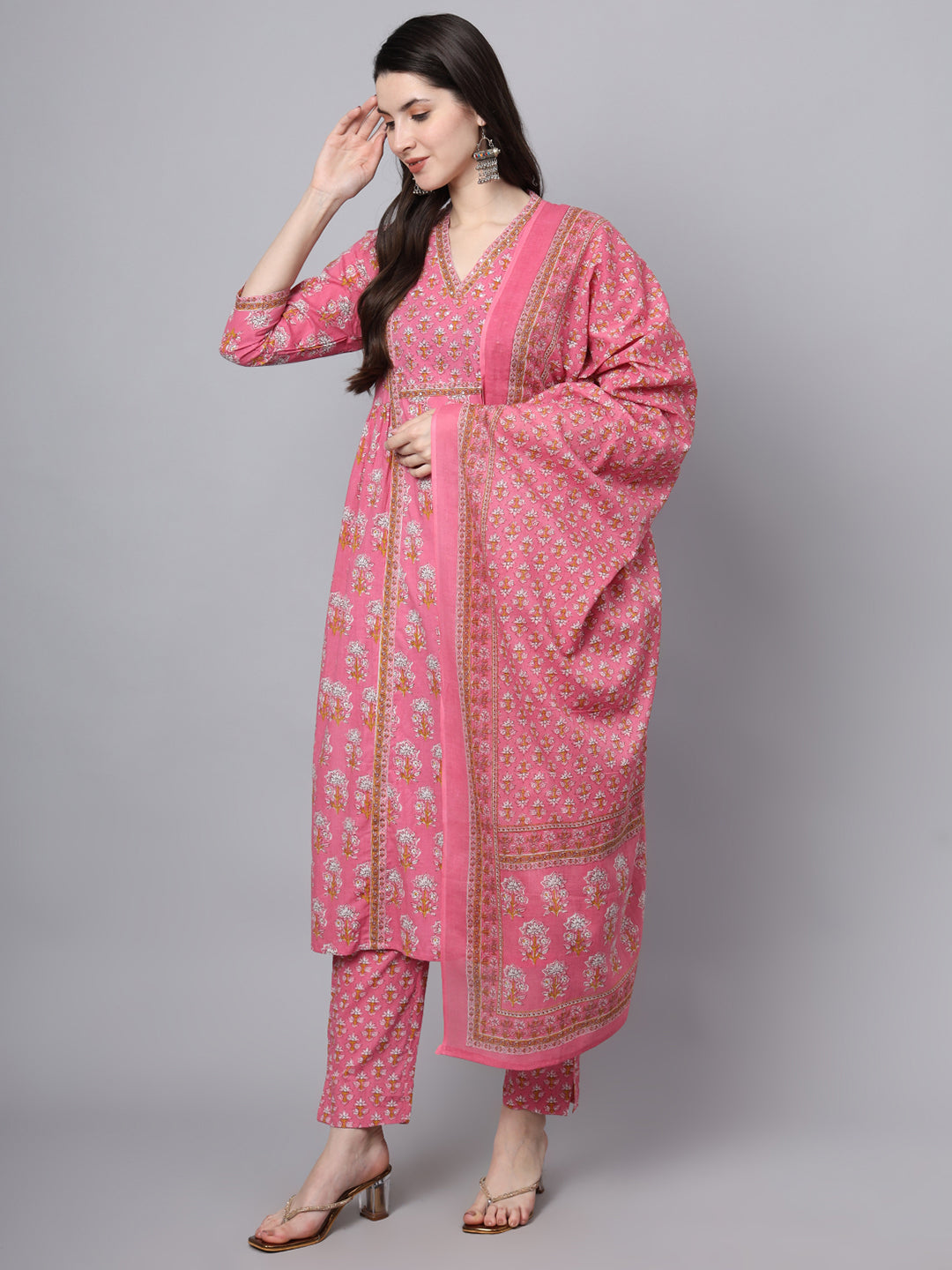 Noe Velarro Pink Cotton Printed Sequin Work Kurta Set
