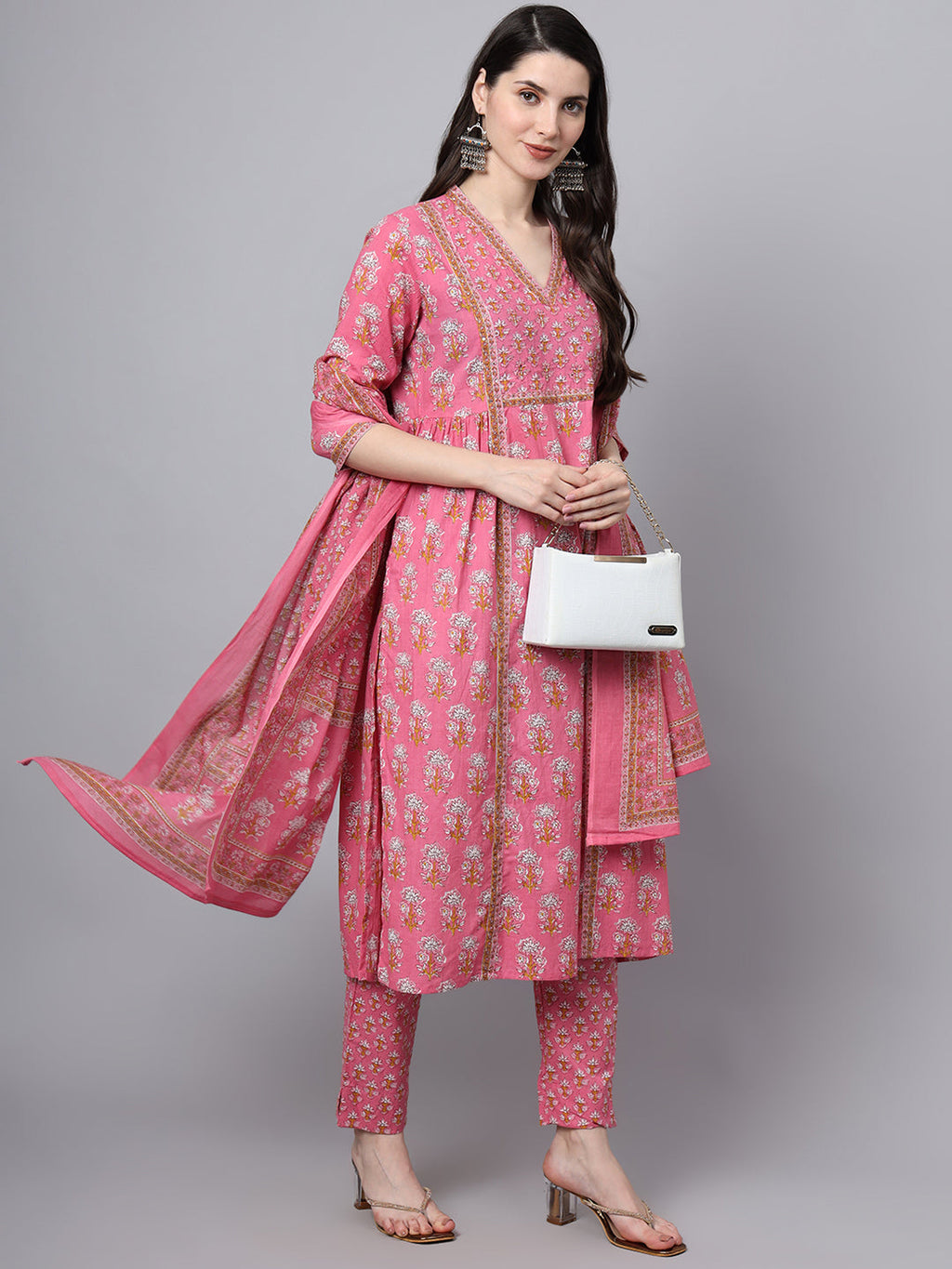 Noe Velarro Pink Cotton Printed Sequin Work Kurta Set