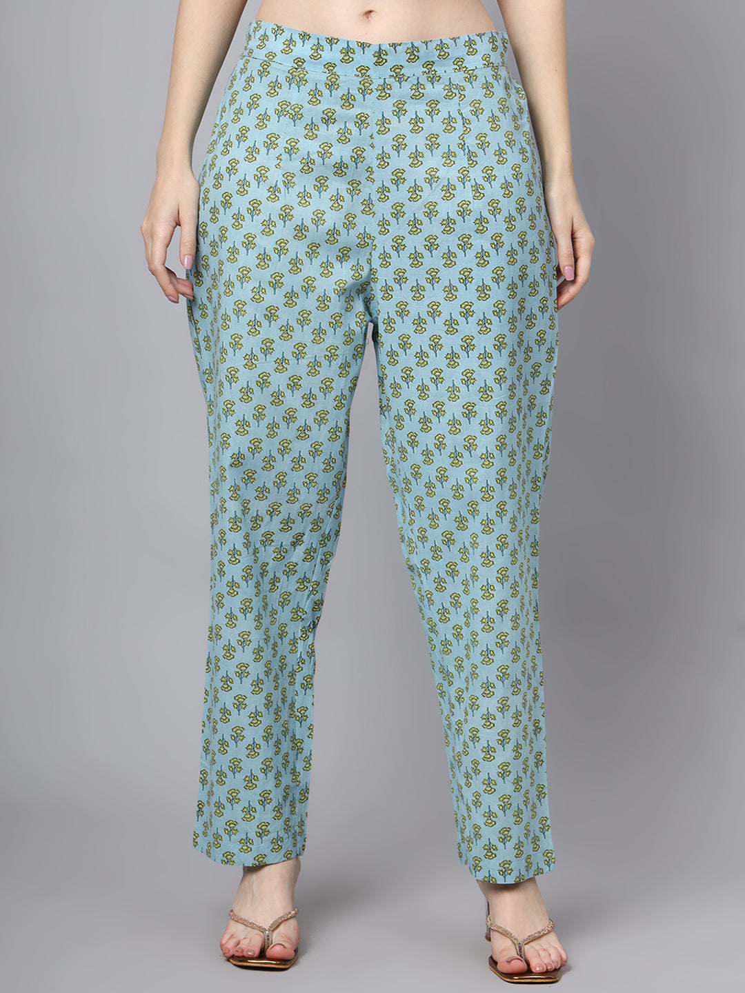 Noe Velarro Floral Printed Sky Blue Cotton Anarkali Kurta Pant Dupatta Set