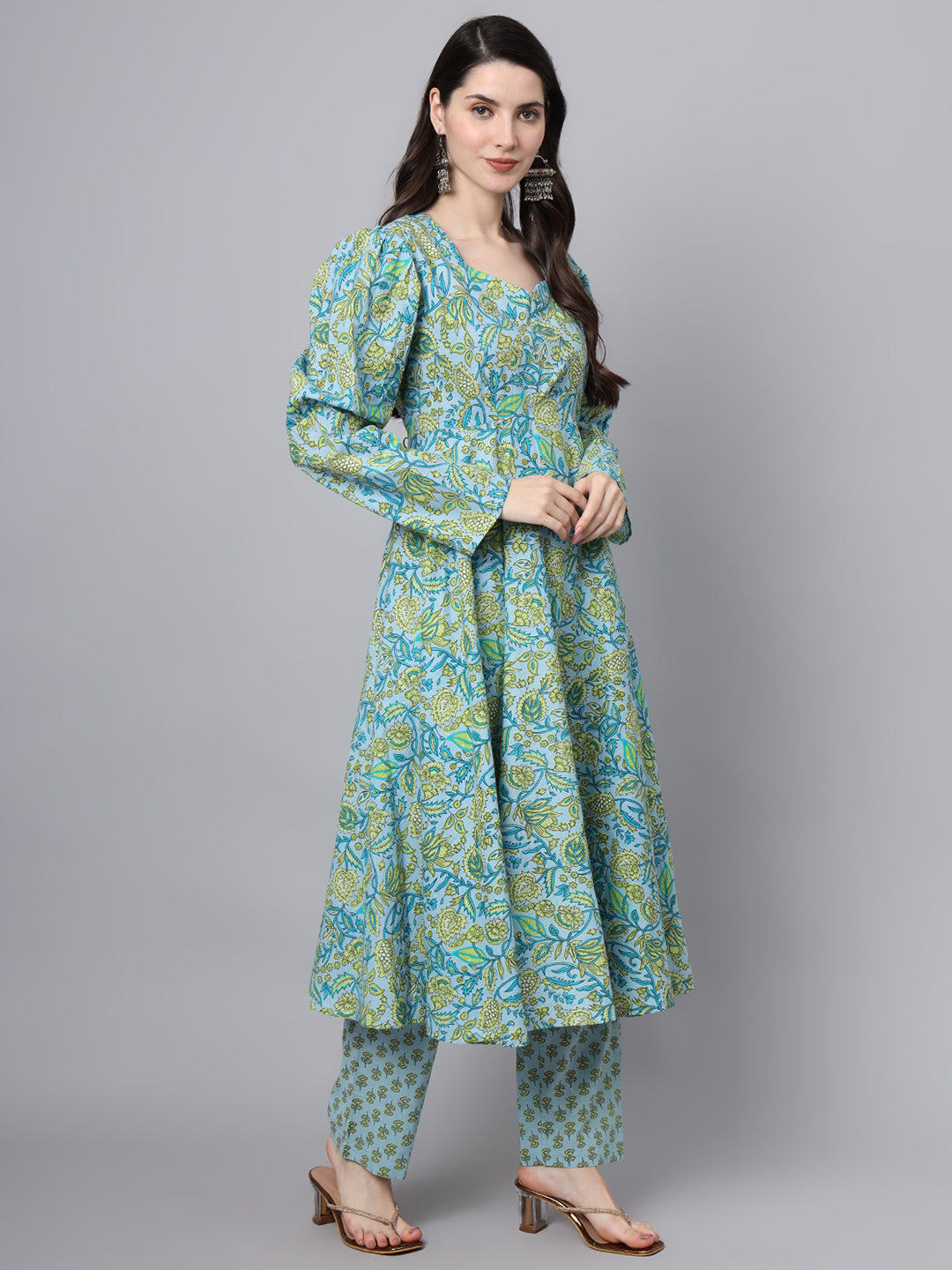 Noe Velarro Floral Printed Sky Blue Cotton Anarkali Kurta Pant Dupatta Set