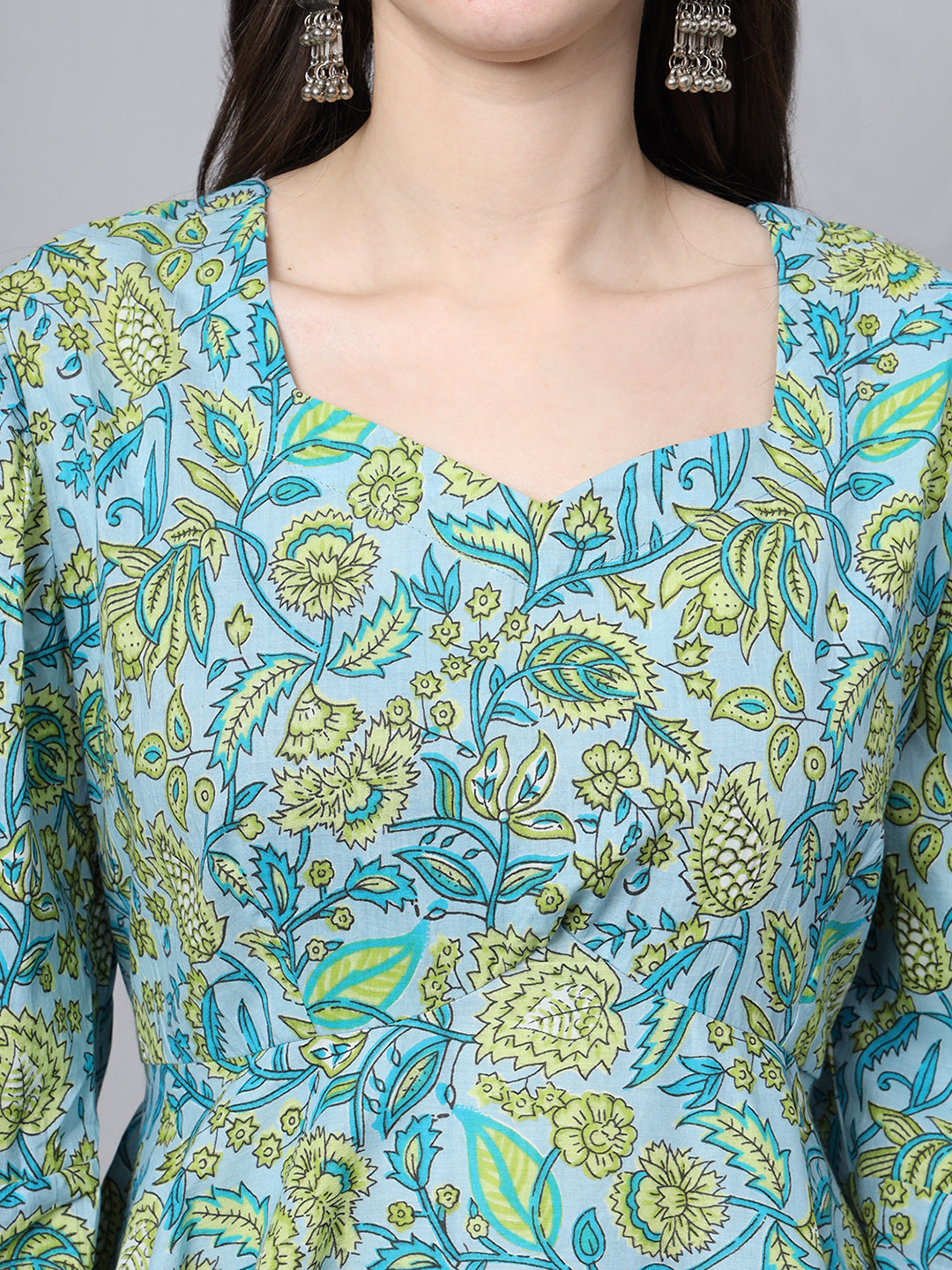 Noe Velarro Floral Printed Sky Blue Cotton Anarkali Kurta Pant Dupatta Set