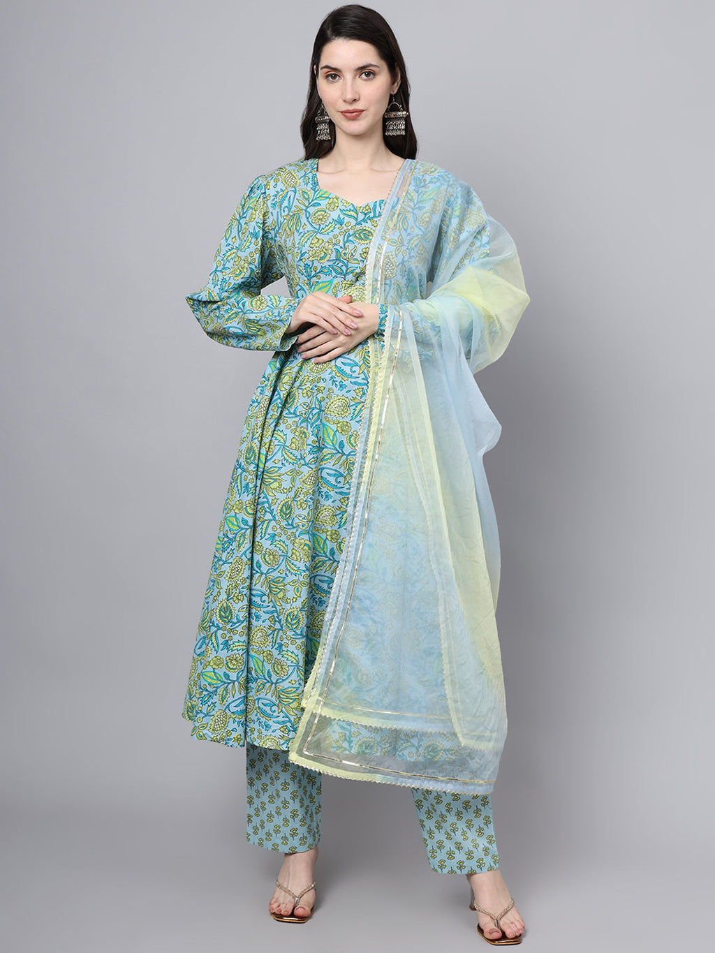 Noe Velarro Floral Printed Sky Blue Cotton Anarkali Kurta Pant Dupatta Set