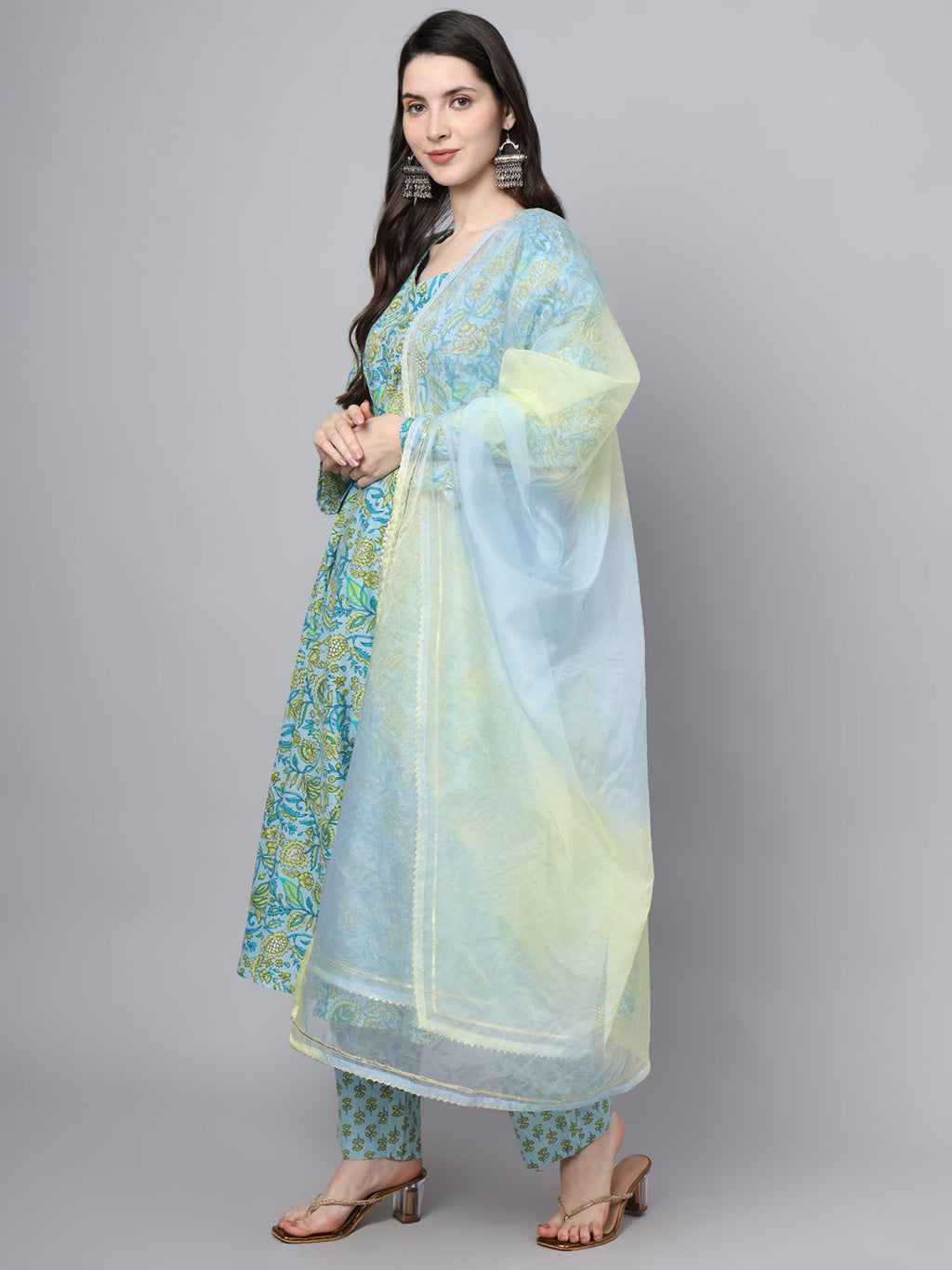 Noe Velarro Floral Printed Sky Blue Cotton Anarkali Kurta Pant Dupatta Set