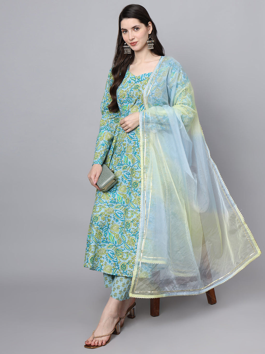 Noe Velarro Floral Printed Sky Blue Cotton Anarkali Kurta Pant Dupatta Set