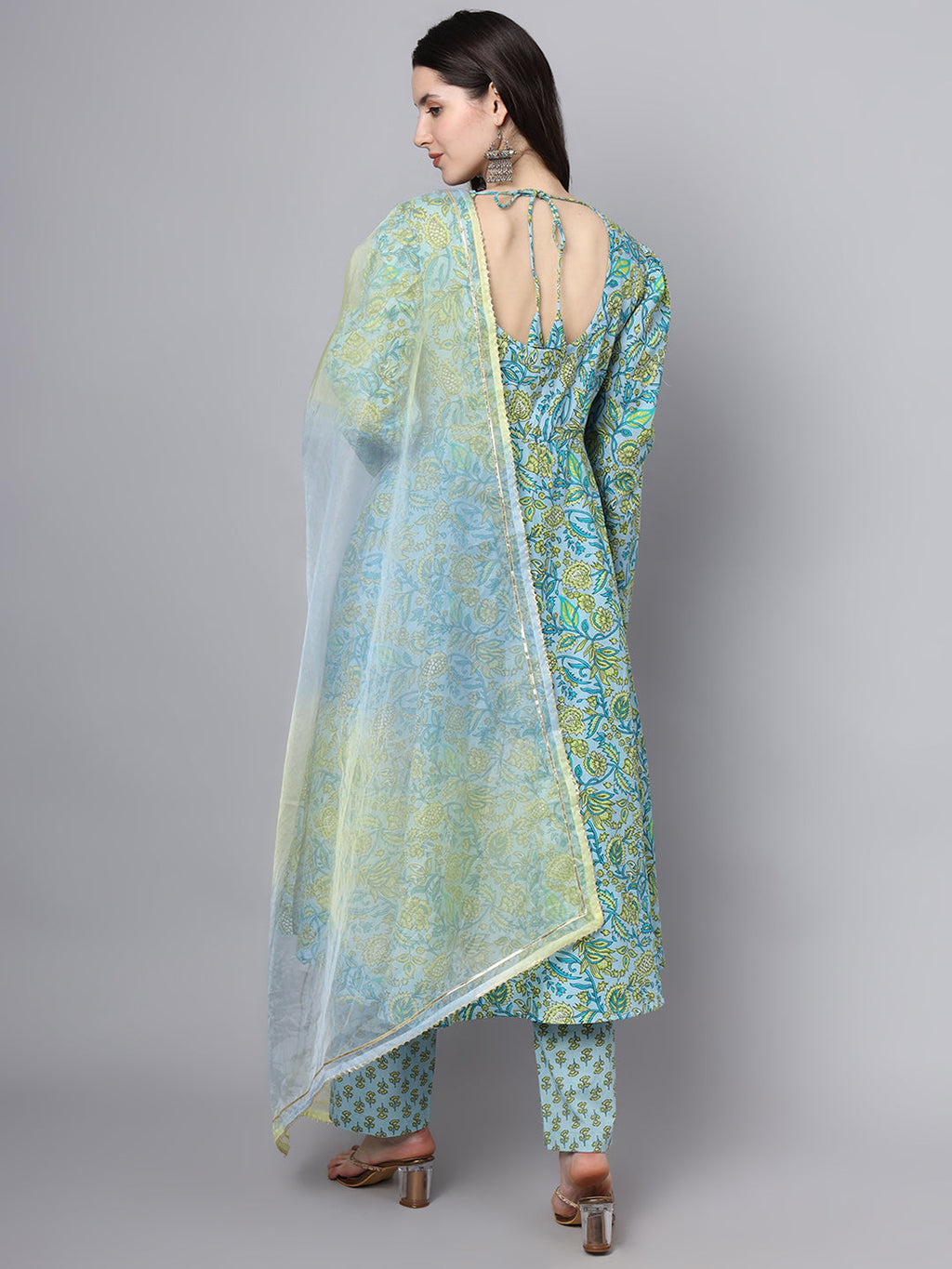 Noe Velarro Floral Printed Sky Blue Cotton Anarkali Kurta Pant Dupatta Set