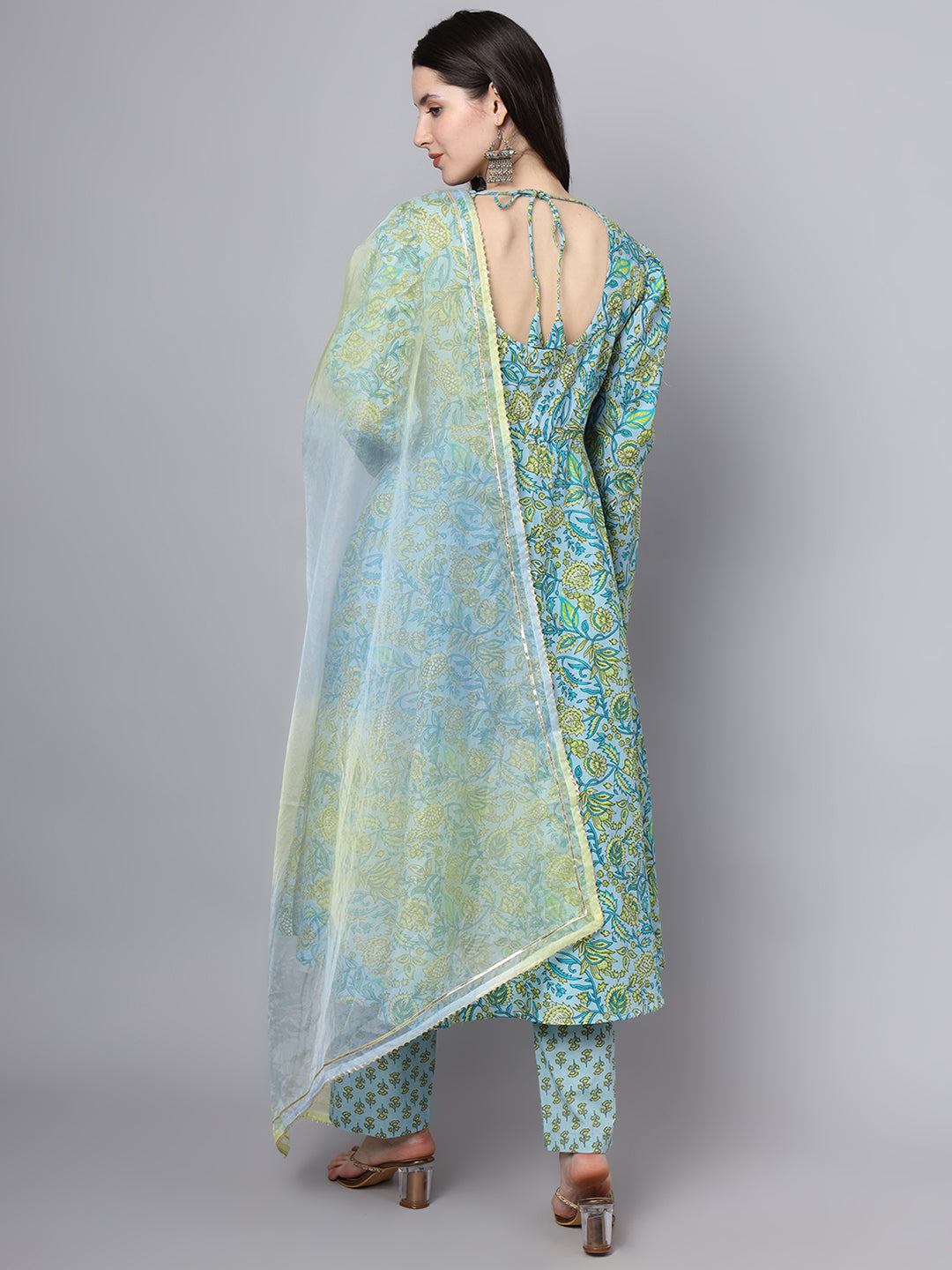 Noe Velarro Floral Printed Sky Blue Cotton Anarkali Kurta Pant Dupatta Set