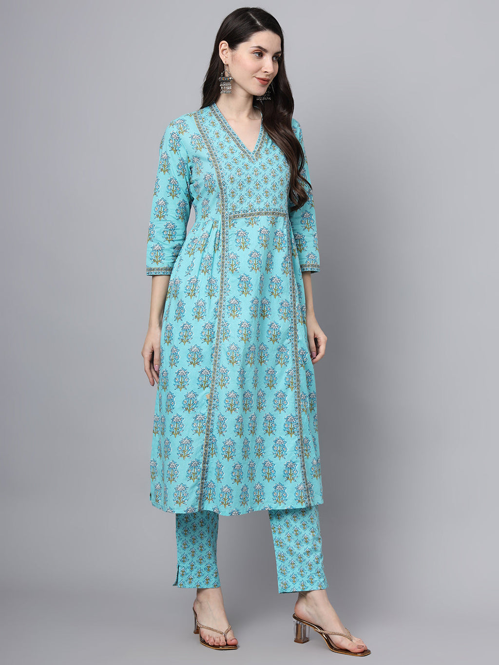 Noe Velarro Sky Blue Cotton Printed Sequin Kurta Set