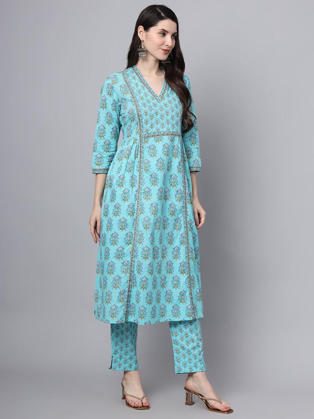 Noe Velarro Sky Blue Cotton Printed Sequin Kurta Set