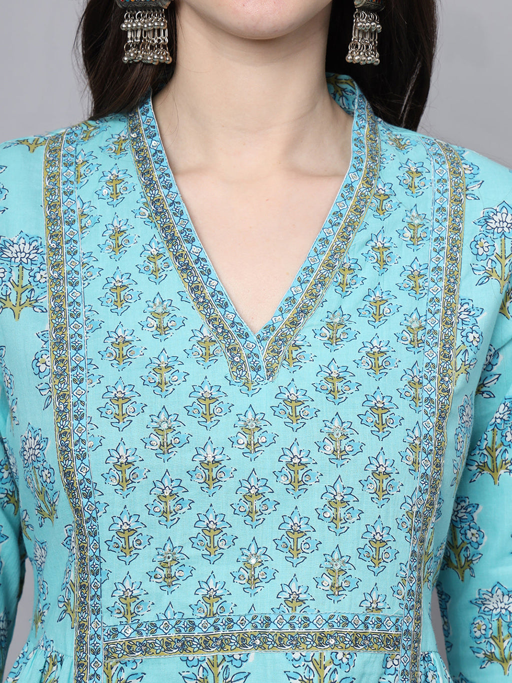 Noe Velarro Sky Blue Cotton Printed Sequin Kurta Set