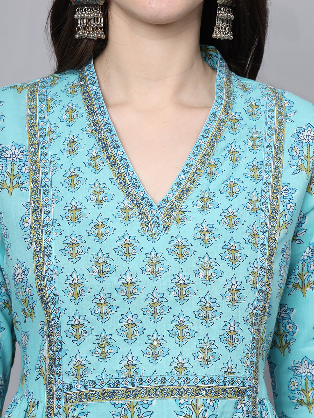 Noe Velarro Sky Blue Cotton Printed Sequin Kurta Set