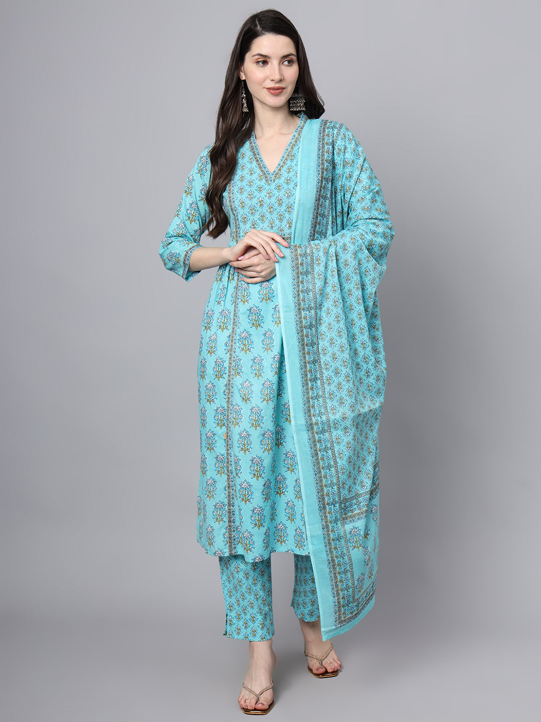 Noe Velarro Sky Blue Cotton Printed Sequin Kurta Set