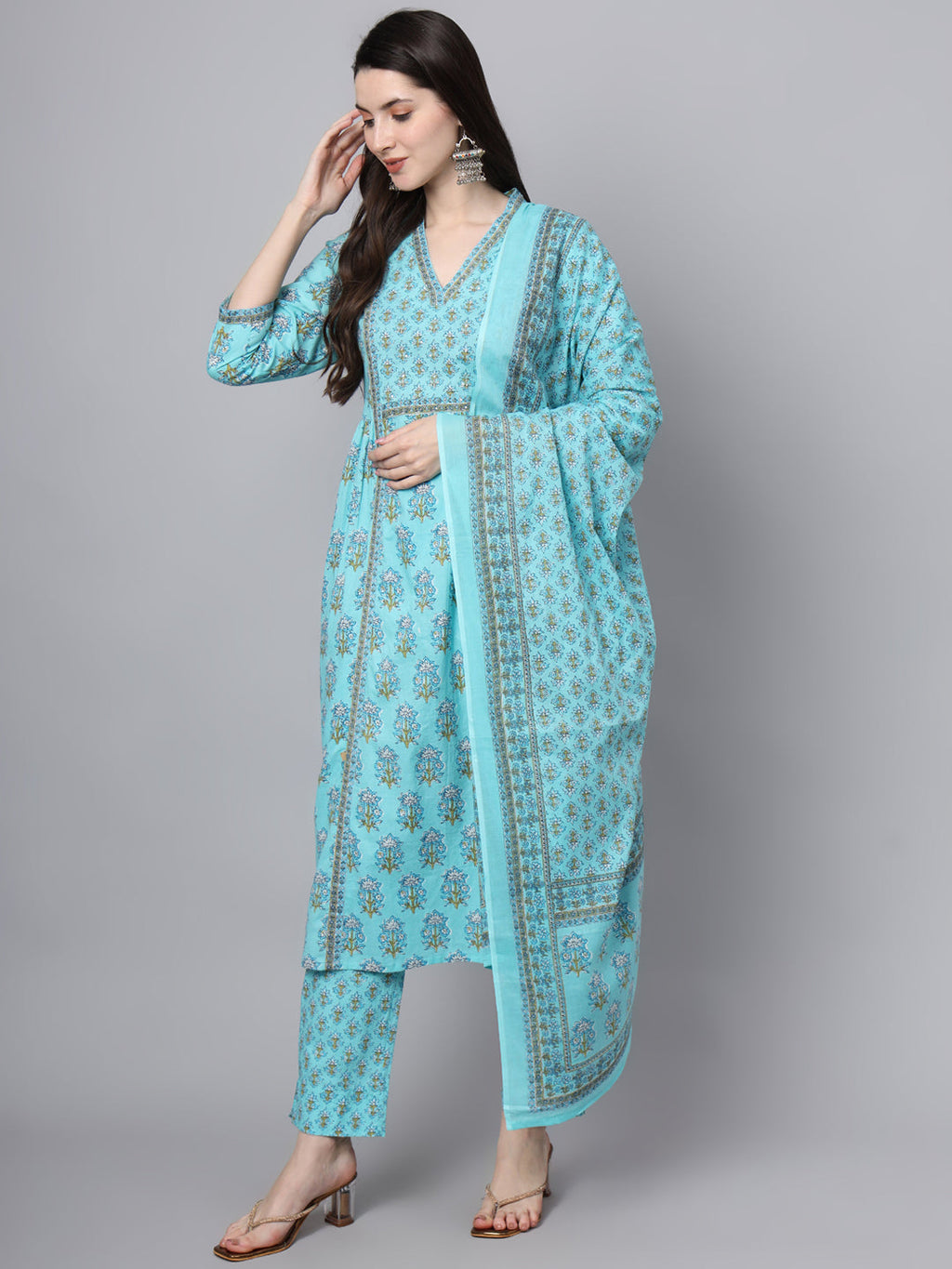 Noe Velarro Sky Blue Cotton Printed Sequin Kurta Set