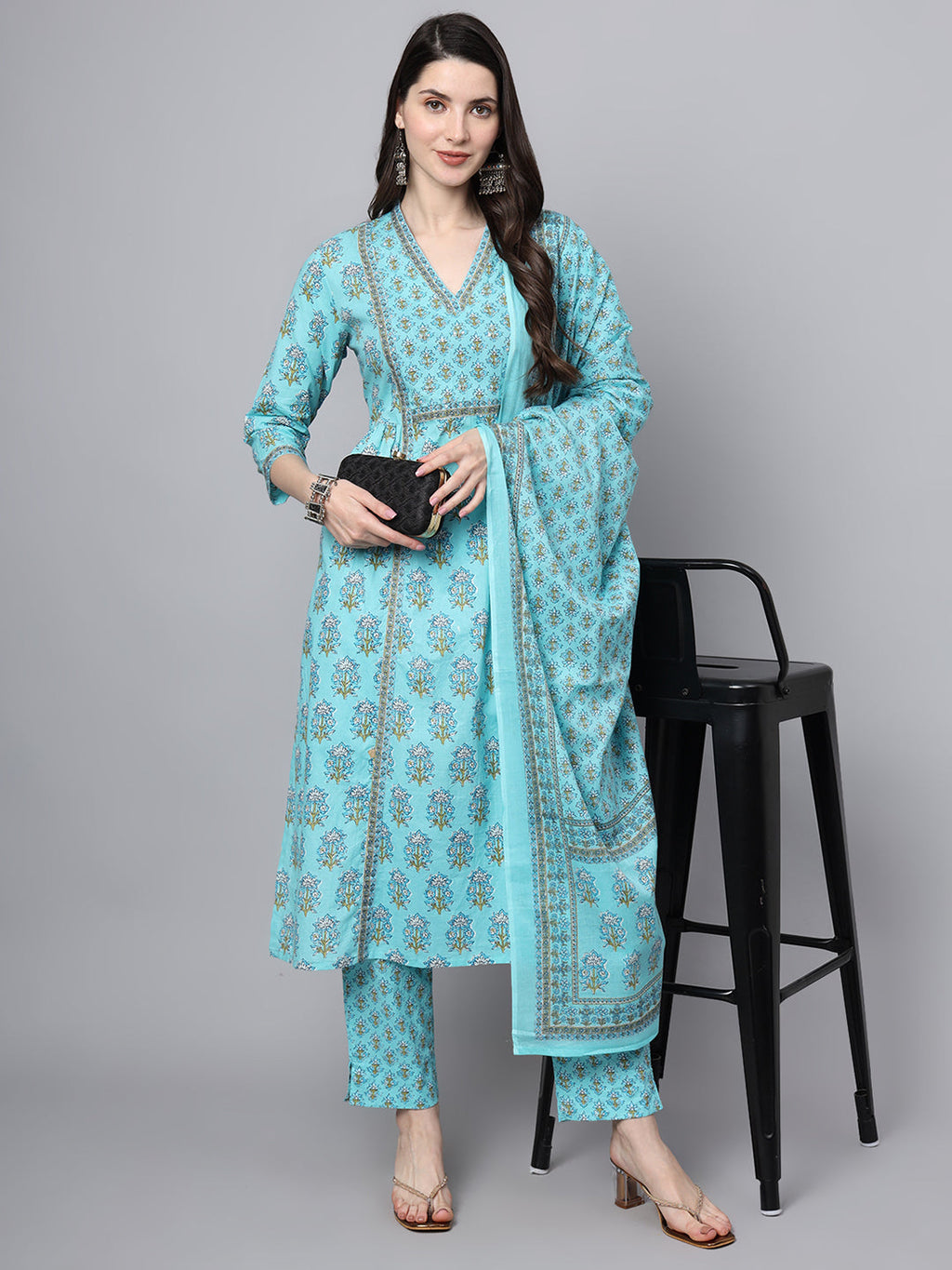 Noe Velarro Sky Blue Cotton Printed Sequin Kurta Set