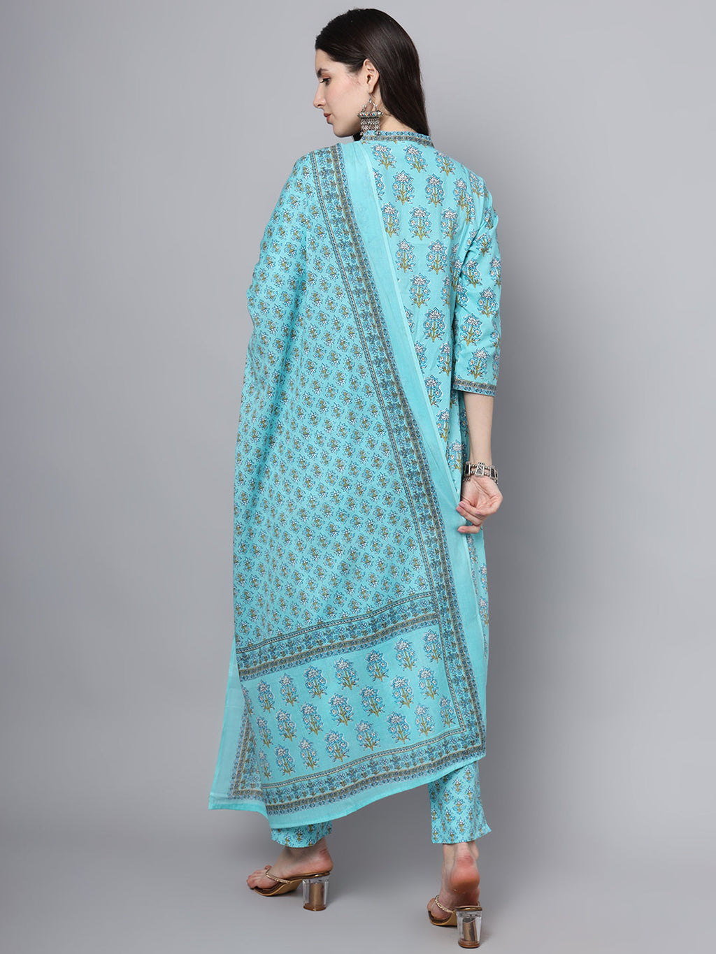 Noe Velarro Sky Blue Cotton Printed Sequin Kurta Set