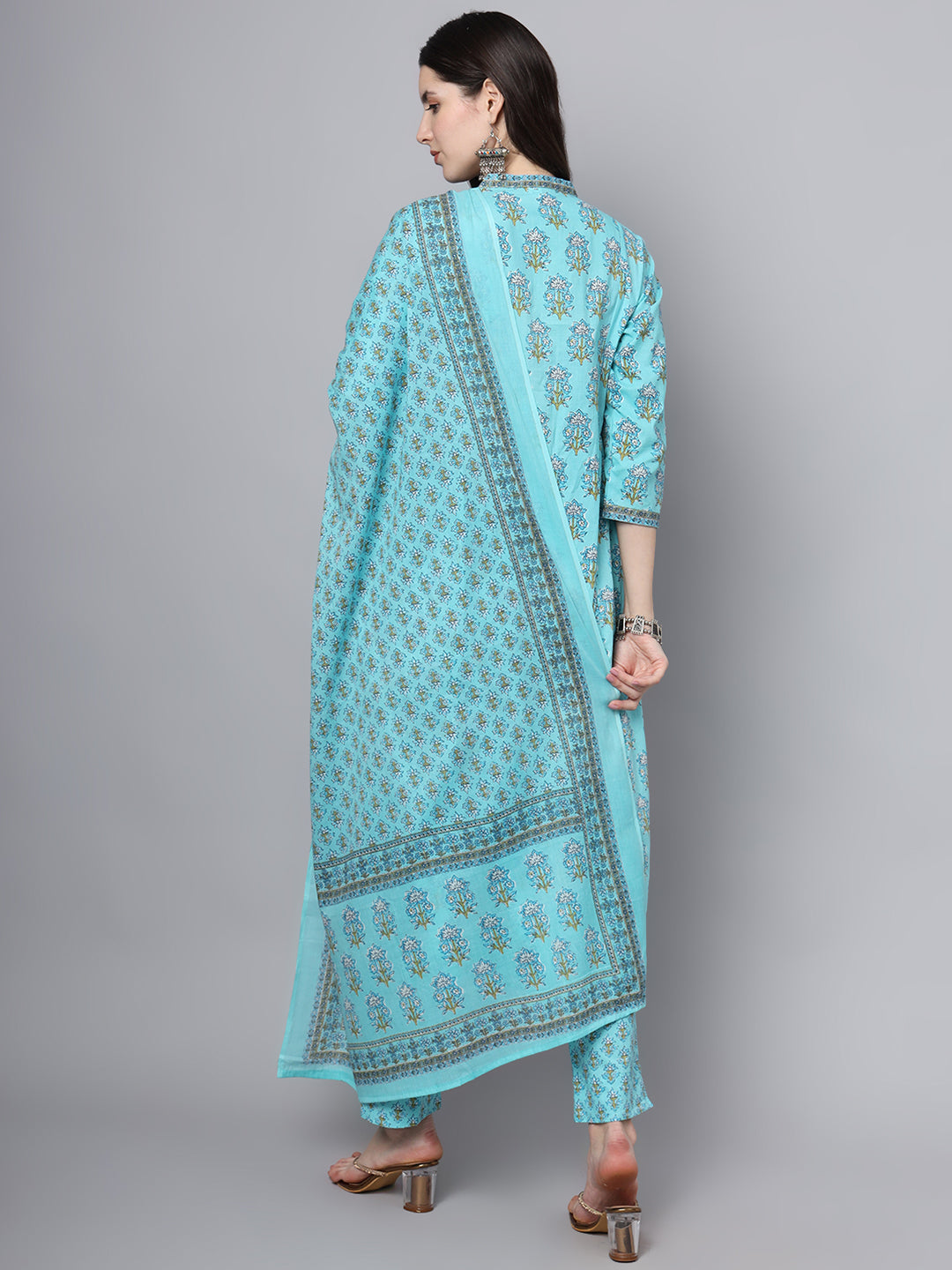 Noe Velarro Sky Blue Cotton Printed Sequin Kurta Set